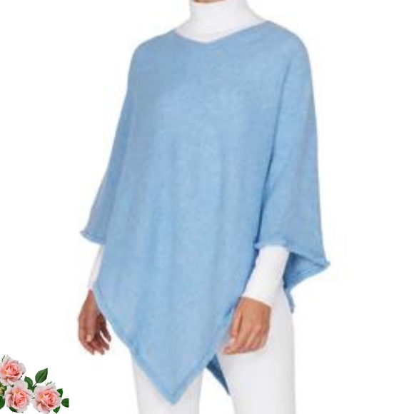 BERYLL Sweaters - BERYLL, Pancho Fringe Hemline V-Neck Blue 100% Cashmere Made in USA Women's OS